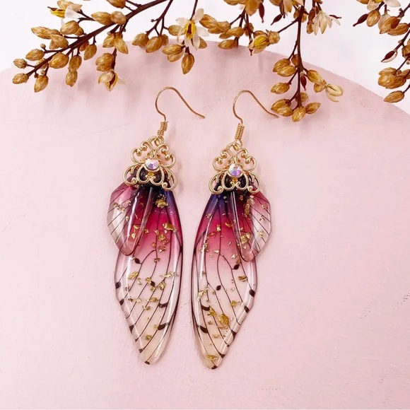 Femme Wing Drop Earrings Purple Resin Fairy Cicada Wings Earrings Rhinestone - Picture 3 of 4